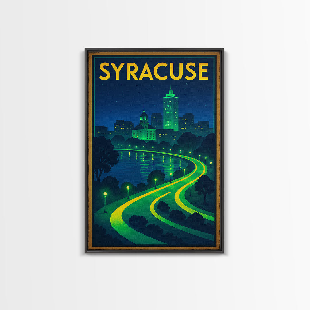Syracuse Travel Poster, Framed Canvas Print, Neon City Skyline Wall Art, Syracuse Travel Art, Travel Art Print, Vintage Travel Print