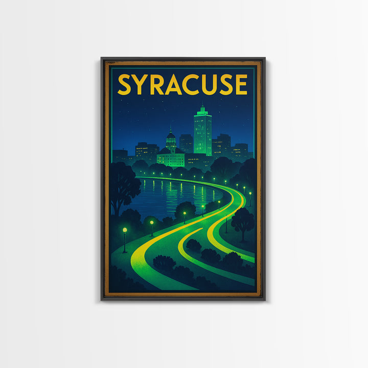 Syracuse Travel Poster, Framed Canvas Print, Neon City Skyline Wall Art, Syracuse Travel Art, Travel Art Print, Vintage Travel Print