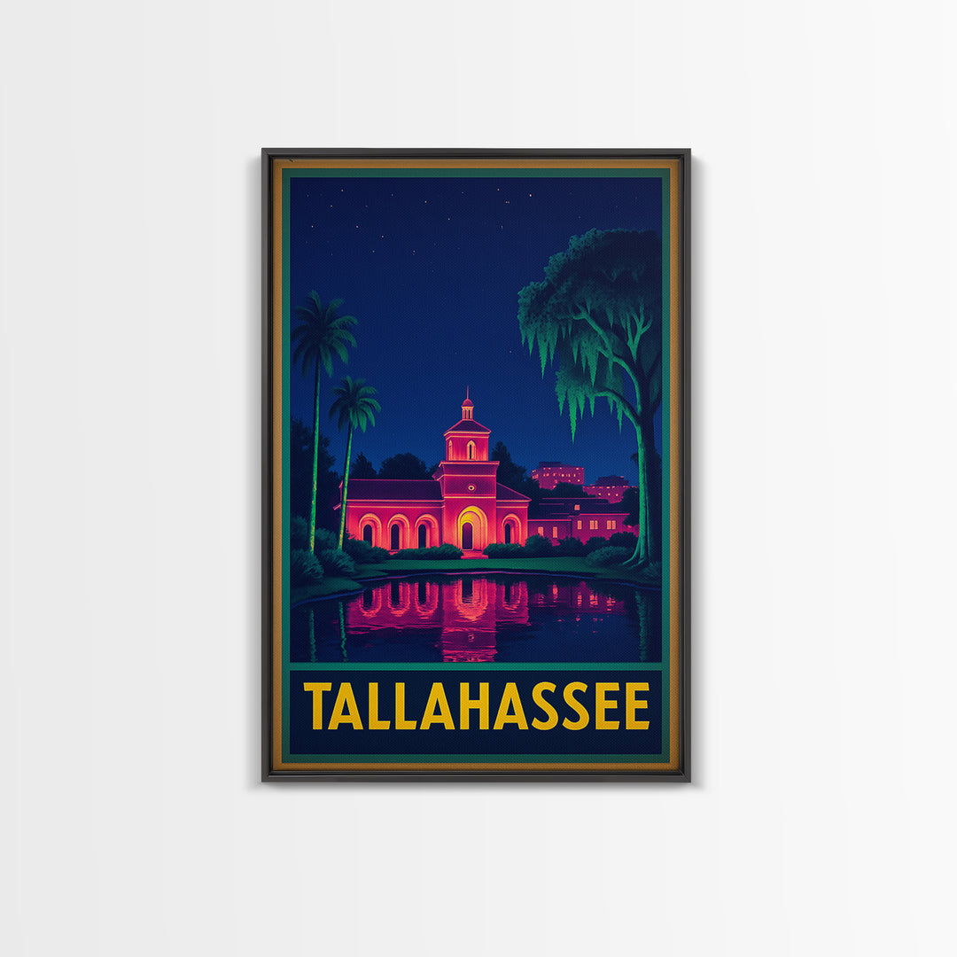 Tallahasse Travel Poster, Canvas Print, Retro Neon Travel Art, Tallahasse City Art, Fine Art Print, Watercolor Skyline, Travel Poster Art