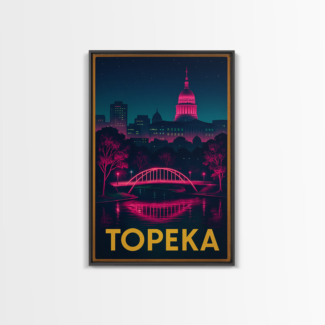 Topeka Kansas Travel Poster, Canvas Print, Retro Neon Travel Art, Topeka City Art, Travel Poster Art, Travel Wall Art, Living Room Wall Art