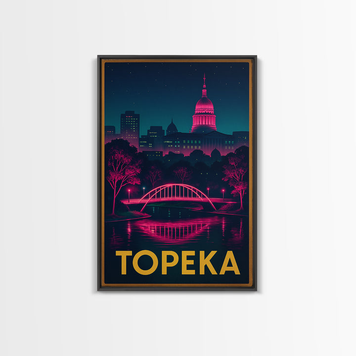 Topeka Kansas Travel Poster, Canvas Print, Retro Neon Travel Art, Topeka City Art, Travel Poster Art, Travel Wall Art, Living Room Wall Art