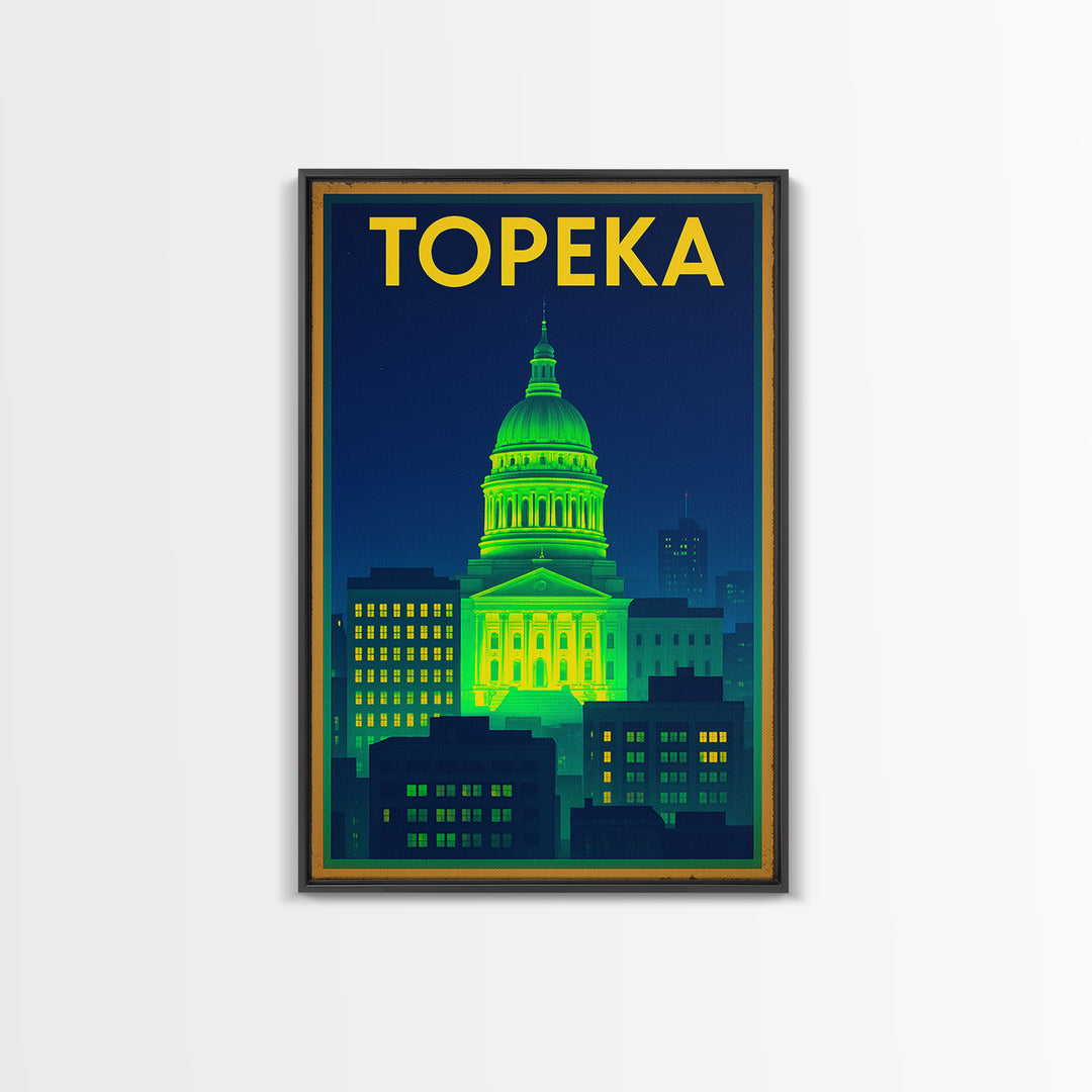 Topeka Travel Poster, Canvas Print, Retro Neon Travel Art, Topeka Travel Art, Travel Poster Set, Travel Wall Decor, City Travel Prints
