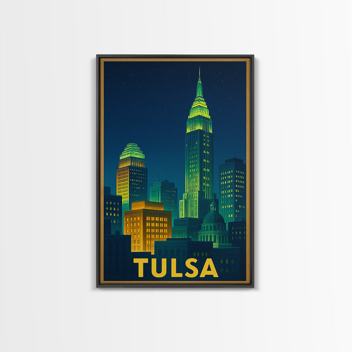 Tulsa Oklahoma Travel Poster, Canvas Print, Electric Night Poster Art, Tulsa Wall Art, City Travel Prints, Watercolor Cityscape, Poster Art