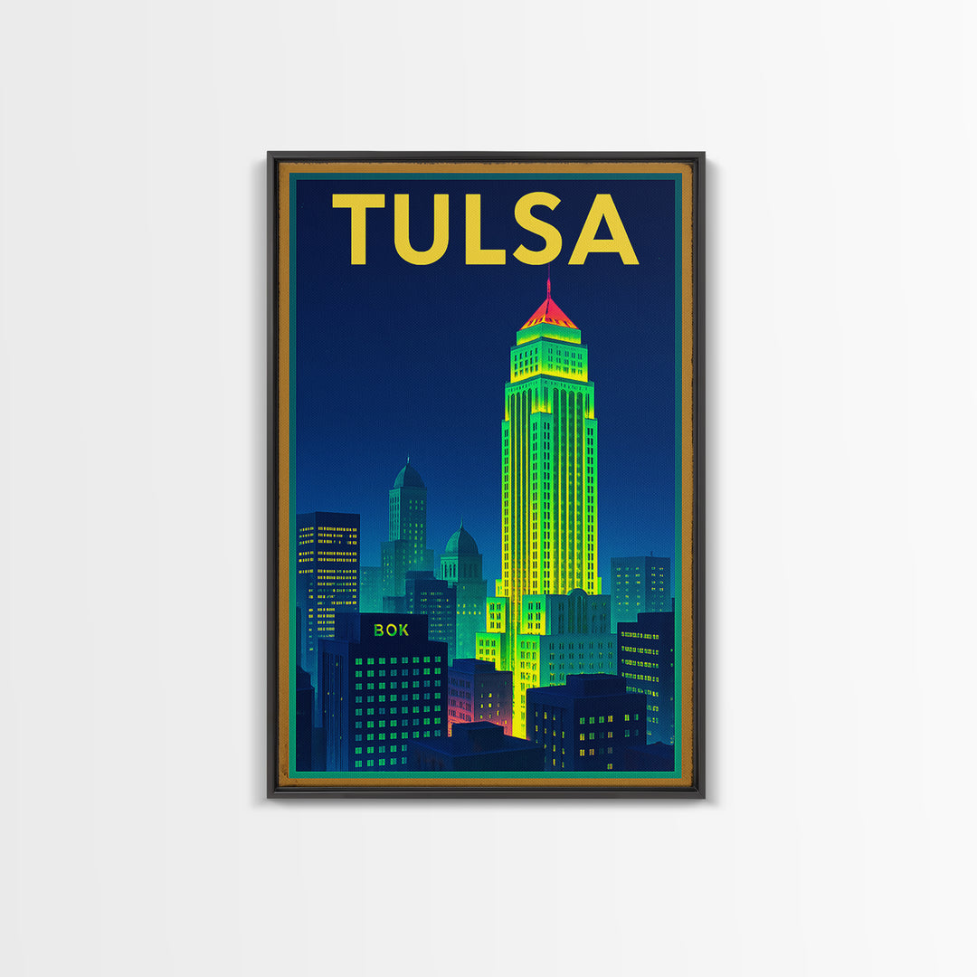Tulsa Travel Poster, Canvas Print, Retro Neon Travel Art, Tulsa City Art, Vintage City Poster, Living Room Wall Art, Travel Wall Art