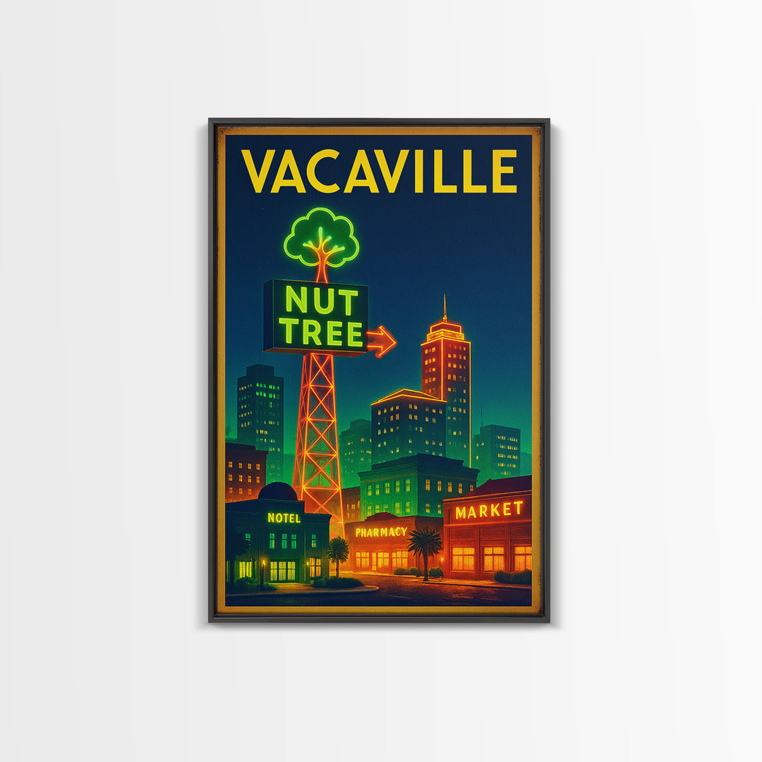 Vacaville Travel Poster, Framed Canvas Print, Electric Night Poster Art, Vacaville Travel Art, Travel Wall Art, Watercolor Skyline Art