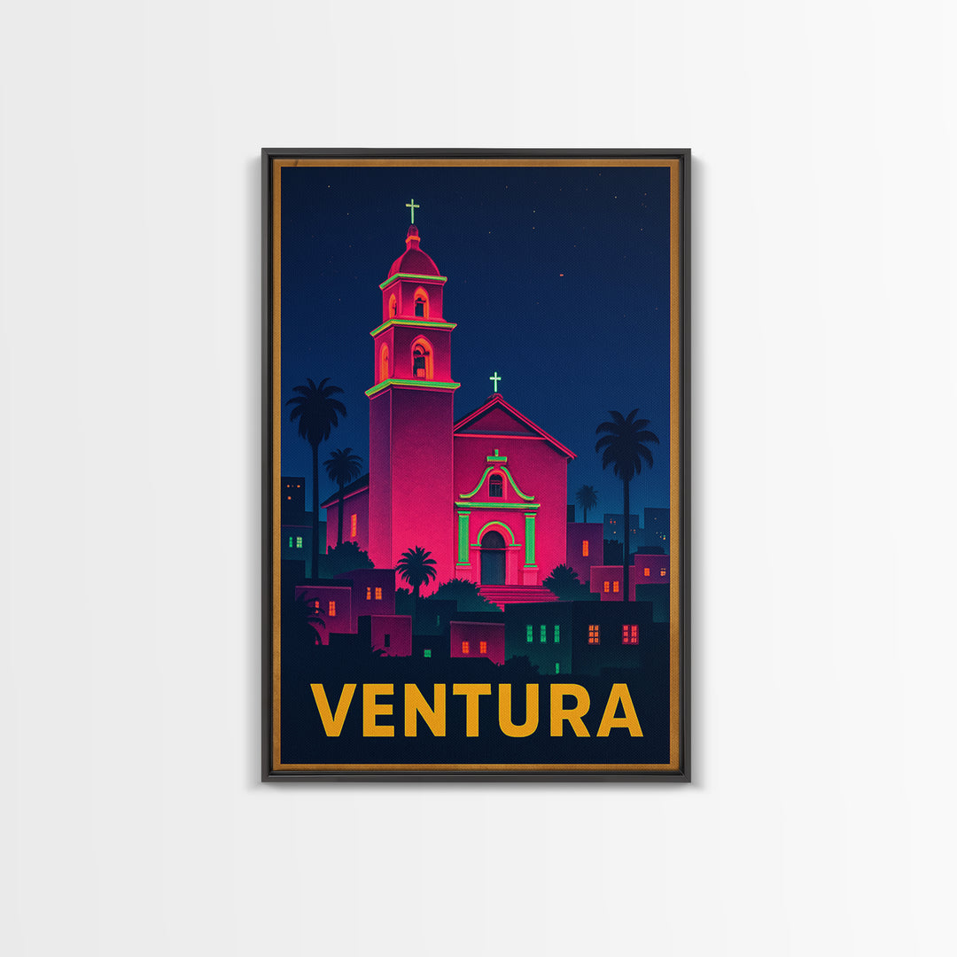 Ventura California Travel Poster, Canvas Print, Neon Skyline Art Wall Art, Ventura Art Print, Wall Decor, City Illustration, Home Decor