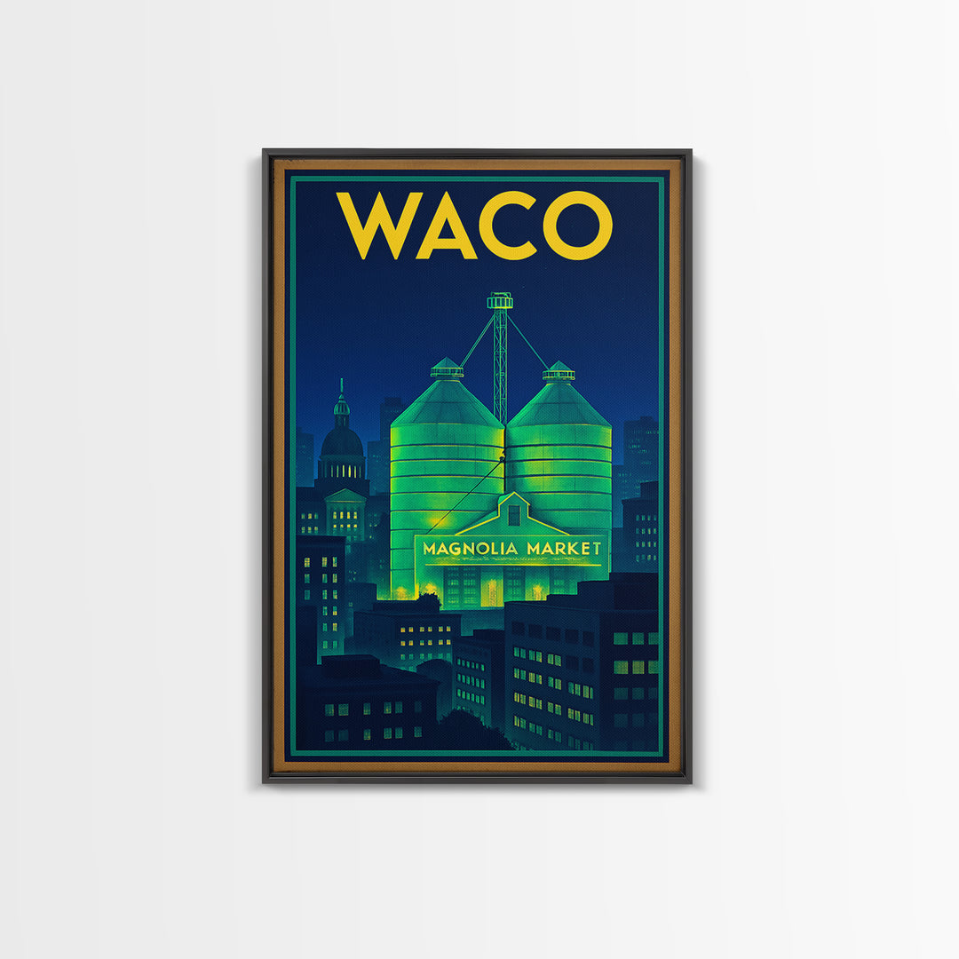 Waco Travel Poster, Framed Canvas Print, Electric Night Poster Art, Waco Travel Art, Watercolor Cityscape, Travel Wall Art, Poster Print