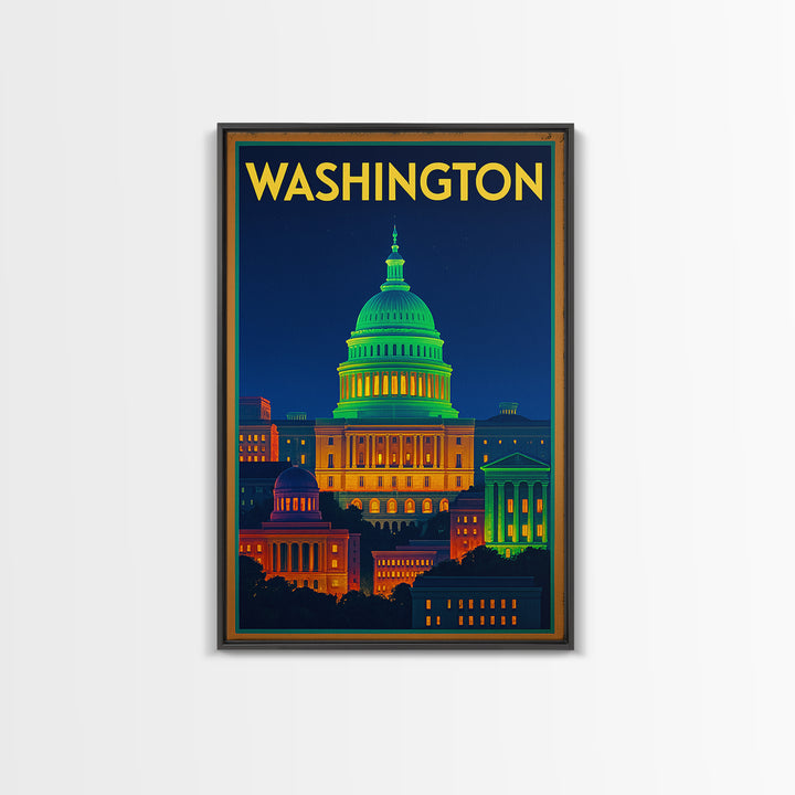 Washington Travel Poster, Canvas Print, Neon Skyline Wall Art, Washington Travel Art, Modern Wall Decor, City Travel Prints, Wall Art