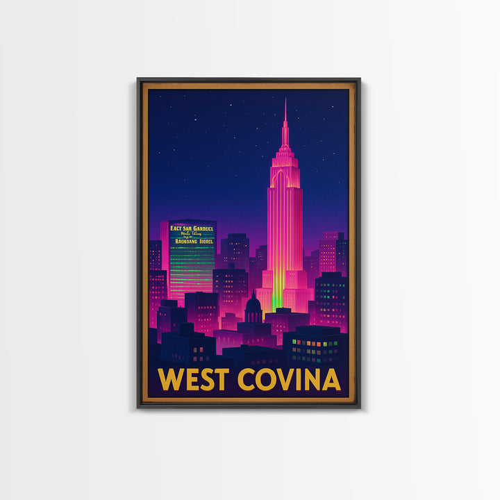 West Covina California Travel Poster, Canvas Print, Electric Night Poster Art, West Covina Poster Print, City Art Print, Vintage Travel Art