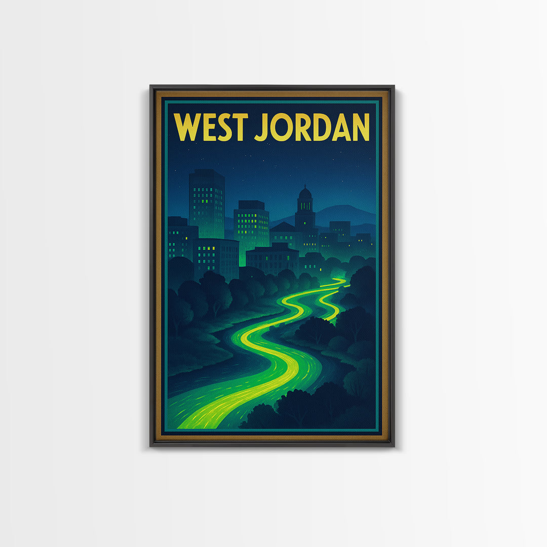 West Jordan Travel Poster, Framed Canvas Print, Cyberpunk Style City Art, West Jordan Poster Print, Fine Art Print, Vintage City Art