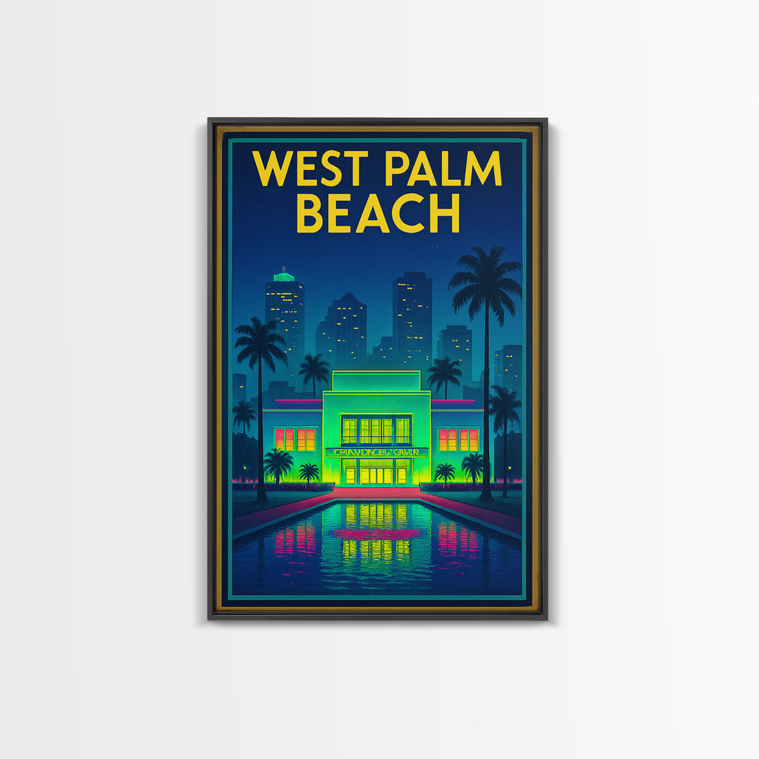 West Palm Beach Travel Poster, Framed Canvas Print, Neon City Skyline Wall Art, West Palm Beach Poster Print, Retro Travel Print, Wall Art