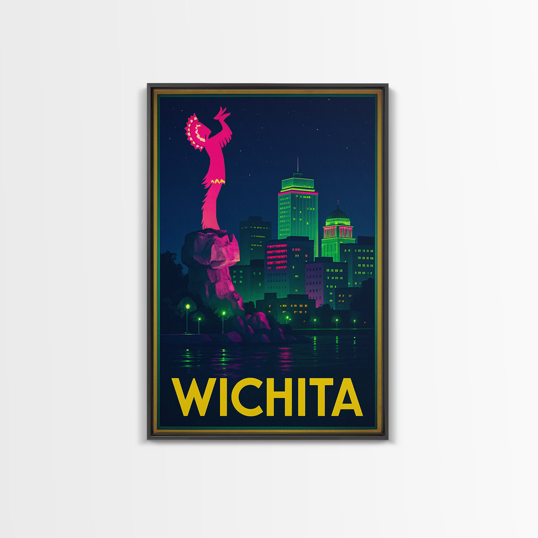 Wichita Kansas Travel Poster, Canvas Print, Retro Neon Travel Art, Wichita Print, City Poster, Travel Wall Art, Watercolor Urban Skyline