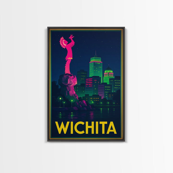 Wichita Kansas Travel Poster, Canvas Print, Retro Neon Travel Art, Wichita Print, City Poster, Travel Wall Art, Watercolor Urban Skyline