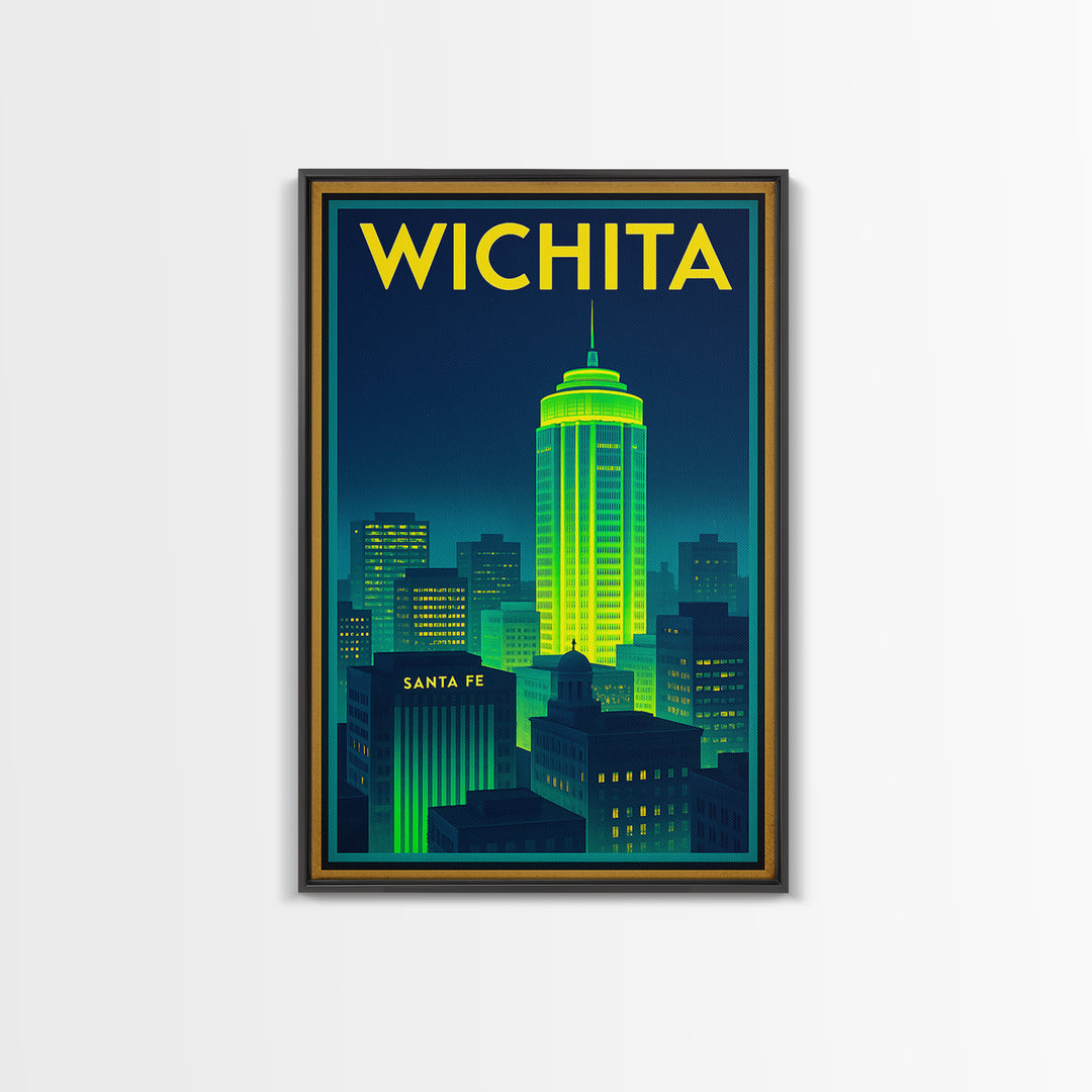 Wichita Travel Poster, Framed Canvas Print, Cyberpunk Style City Art, Wichita Art Print, Living Room Wall Art, City Travel Prints
