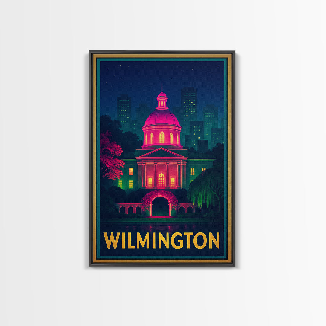 Wilmington North Carolina Travel Poster, Framed Canvas Print, Retro Neon Travel Art, Wilmington Travel Art, City Art Print, Vintage City Art