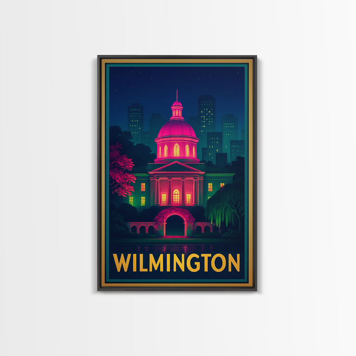 Wilmington North Carolina Travel Poster, Framed Canvas Print, Retro Neon Travel Art, Wilmington Travel Art, City Art Print, Vintage City Art
