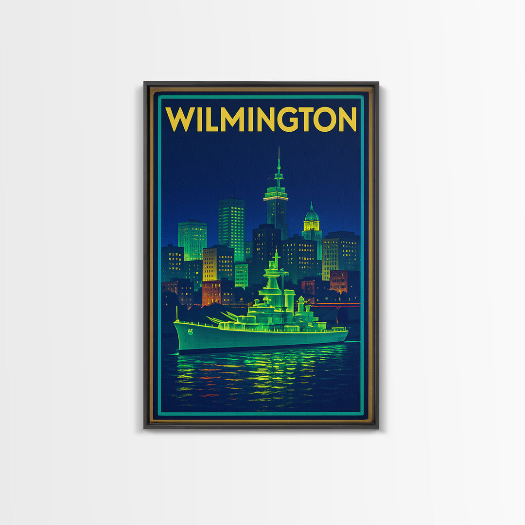 Wilmington Travel Poster, Canvas Print, Neon Skyline Art Wall Art, Wilmington Travel Art, Travel Poster Art, Vintage City Art, Art Print