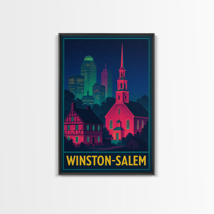 Winston Salem North Carolina Travel Poster, Canvas Print, Retro Neon Travel Art, Winston Salem Art Print, Watercolor Urban Skyline