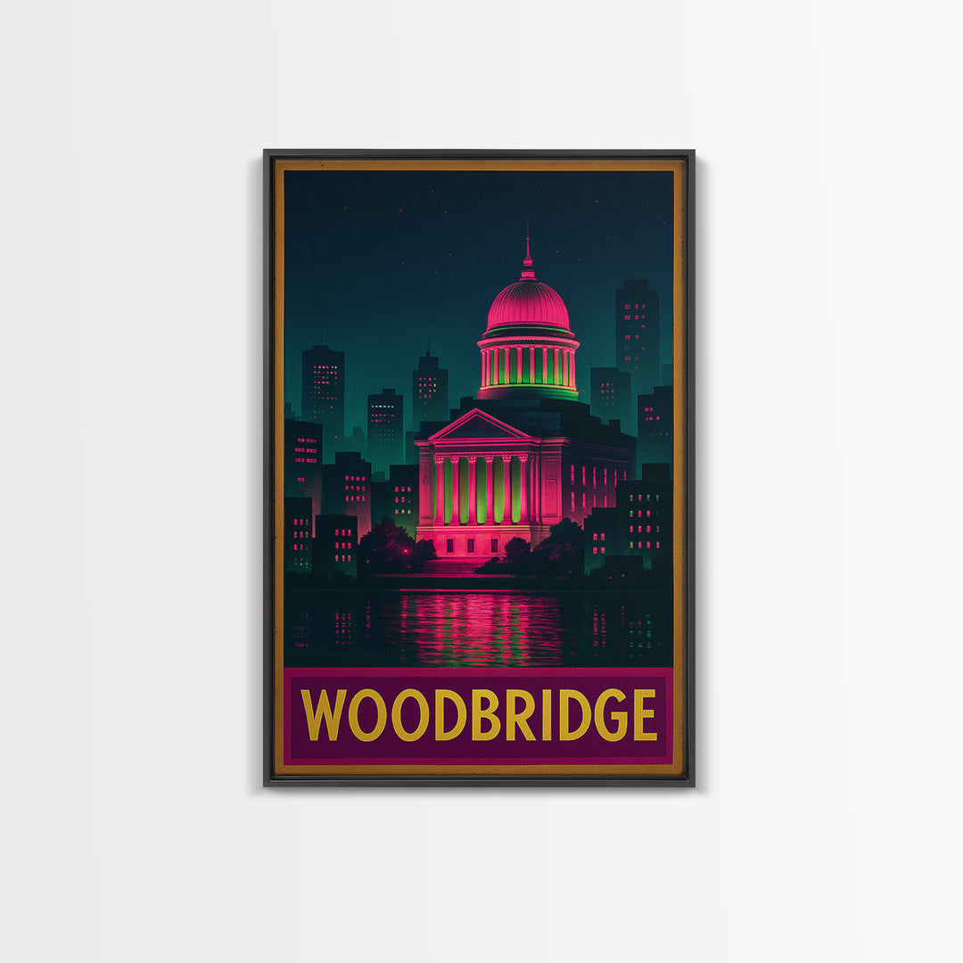 Woodbridge Travel Poster, Canvas Print, Retro Neon Travel Art, Woodbridge Art Print, Modern Wall Decor, Travel Poster Art, Travel Wall Art