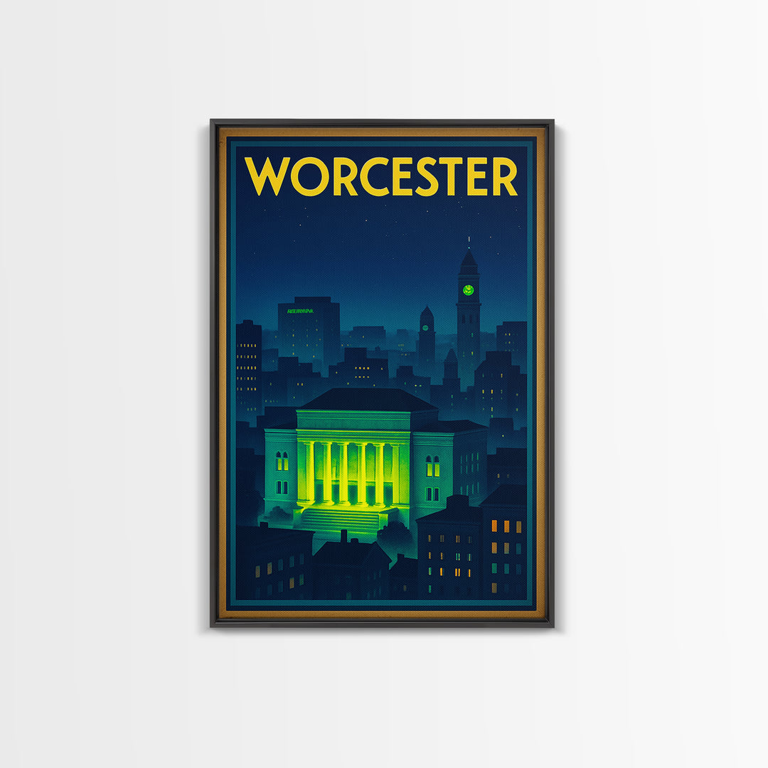 Worcester Travel Poster, Framed Canvas Print, Neon Skyline Art Wall Art, Worcester Travel Art, Vintage Travel Print, Vintage City Poster