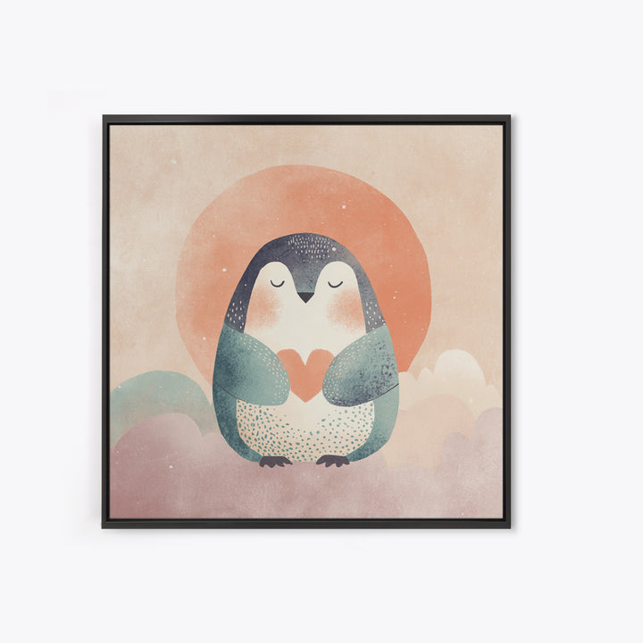 Penguin Holding a Little Heart Shape Canvas Print, Nursery Art, Watercolor Print, Nursery Decor, Abstract Art, Nursery, NUR-1x1-10