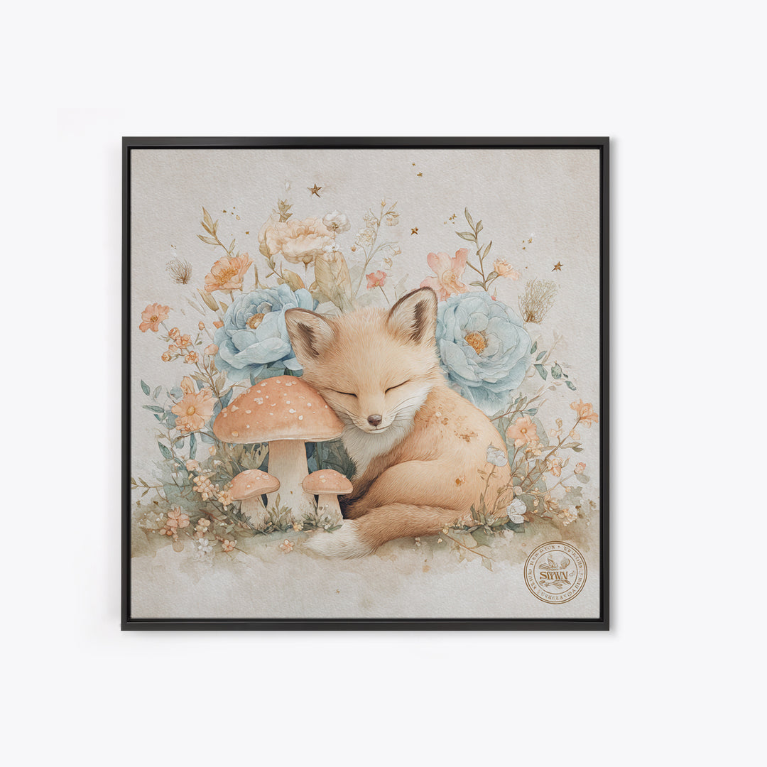 Woodland Fox Tucked Framed Canvas Print, Nursery Art, Whimsical Wall Art, Nursery Decor, Watercolor Art, Nursery, NUR-1x1-100