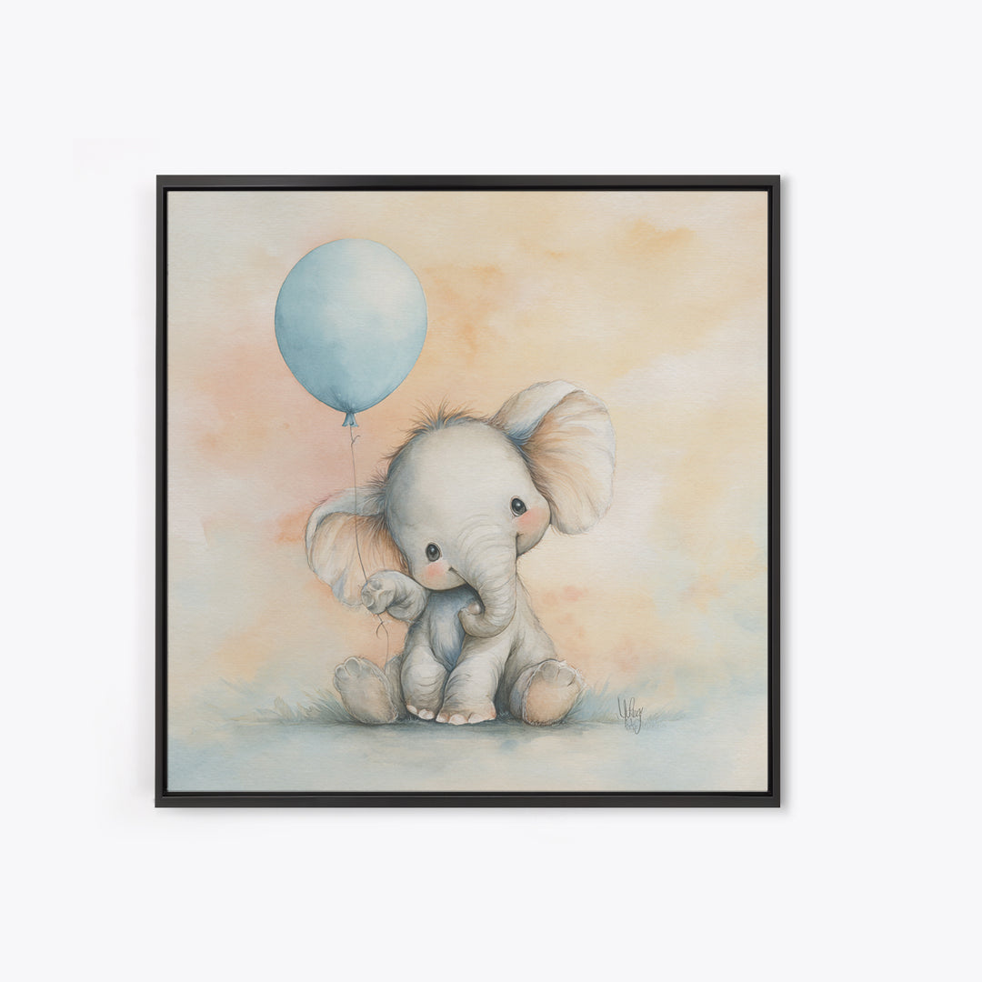 Sleepy Baby Elephant Holding a Tiny Balloon Canvas Print, Nursery Art, Neutral Decor, Nursery Decor, Fine Art, Nursery, NUR-1x1-25