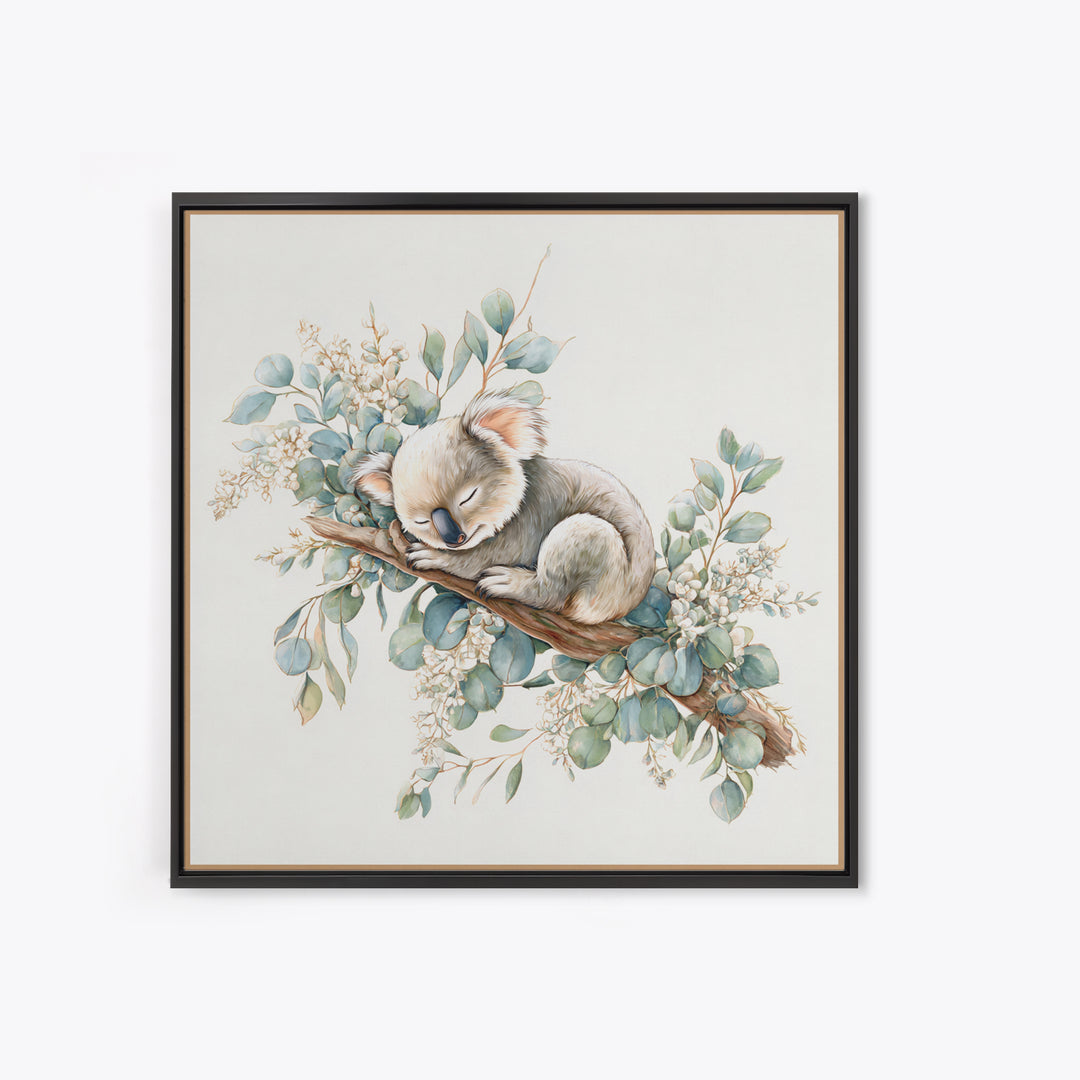 Sleeping Koala on Eucalyptus Branch Framed Canvas Print, Nursery Art, Whimsical Wall Art, Nursery Decor, Fine Art, Nursery, NUR-1x1-37