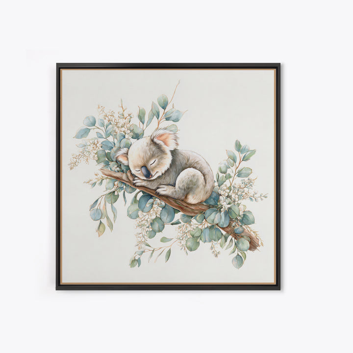 Sleeping Koala on Eucalyptus Branch Framed Canvas Print, Nursery Art, Whimsical Wall Art, Nursery Decor, Fine Art, Nursery, NUR-1x1-37