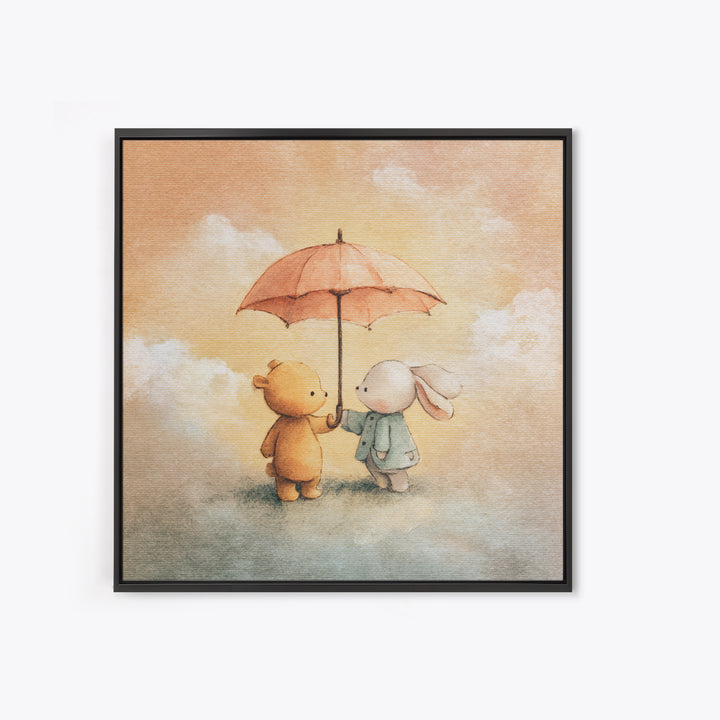 Bear and Rabbit Sharing Umbrella Framed Canvas Print, Nursery Art, Home Decor, Nursery Decor, Fine Art, Nursery, NUR-1x1-41