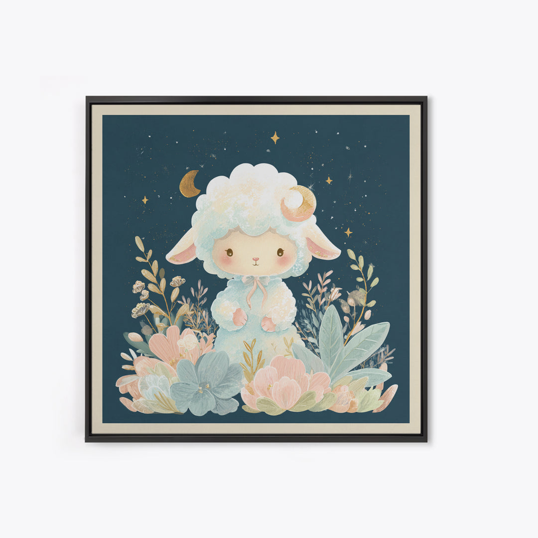 Little Lamb under a Starry Sky Framed Canvas Print, Nursery Art, Woodland Nursery, Nursery Decor, Oil Painting, Nursery, NUR-1x1-43