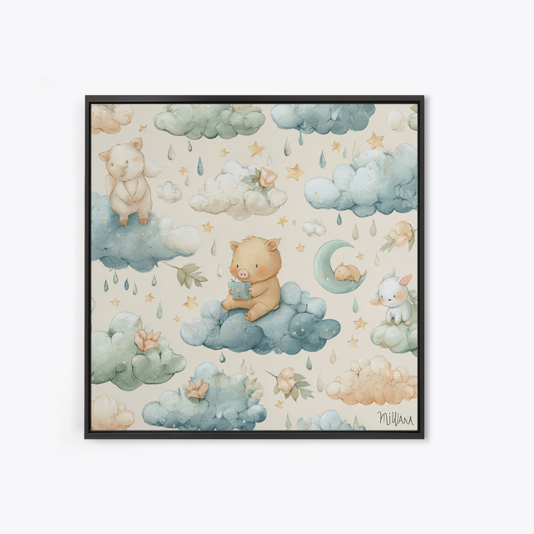Clouds and Raindrops Framed Canvas Print, Nursery Art, Playroom Wall Art, Nursery Decor, Fine Art, Nursery, Statement Artwork, NUR-1x1-46