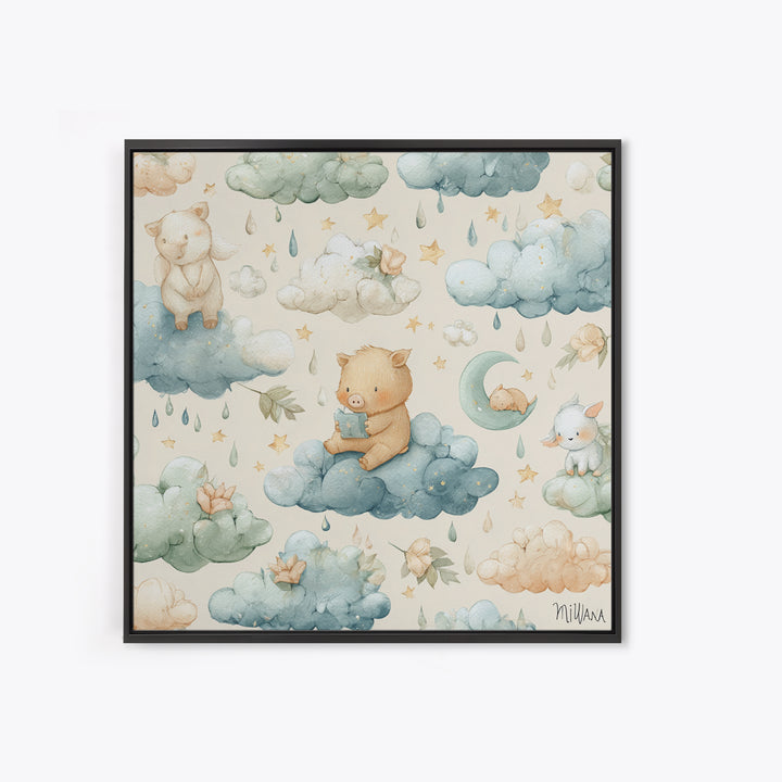 Clouds and Raindrops Framed Canvas Print, Nursery Art, Playroom Wall Art, Nursery Decor, Fine Art, Nursery, Statement Artwork, NUR-1x1-46