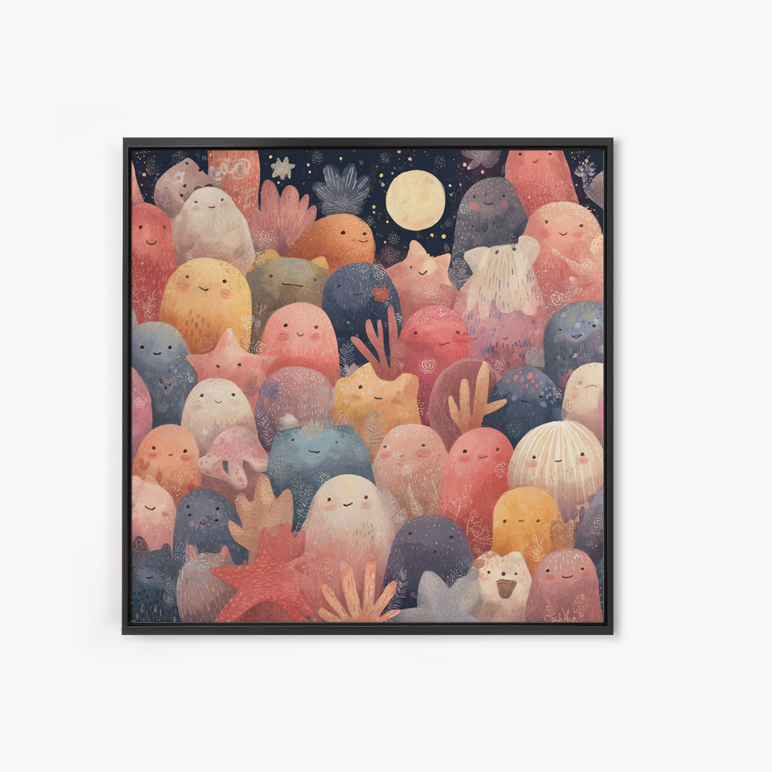 Friendly Ocean Creatures Framed Canvas Print, Nursery Art, Art Print, Nursery Decor, Oil Painting, Nursery 048, Wall Art Set of, NUR-1x1-48