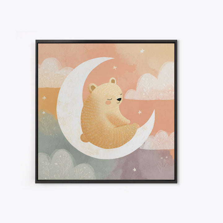 Baby Bear Floating on a Crescent Moon Canvas Print, Nursery Art, Kids Wall Decor, Nursery Decor, Oil Painting, Nursery, NUR-1x1-54
