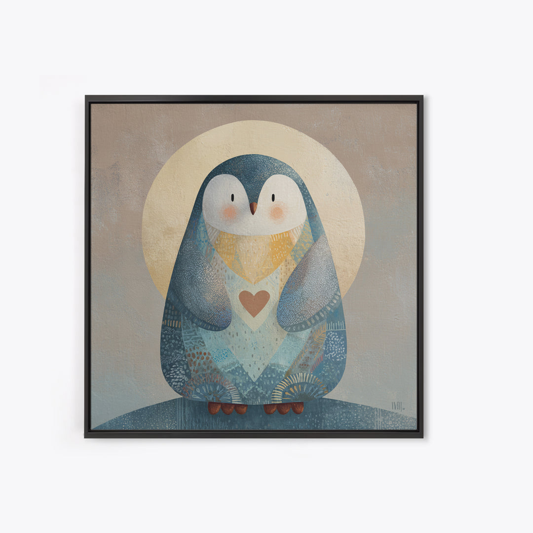 Penguin Holding a Little Heart Shape Framed Canvas Print, Nursery Art, Kids Room Wall Art, Nursery Decor, Abstract Art, Nursery, NUR-1x1-58