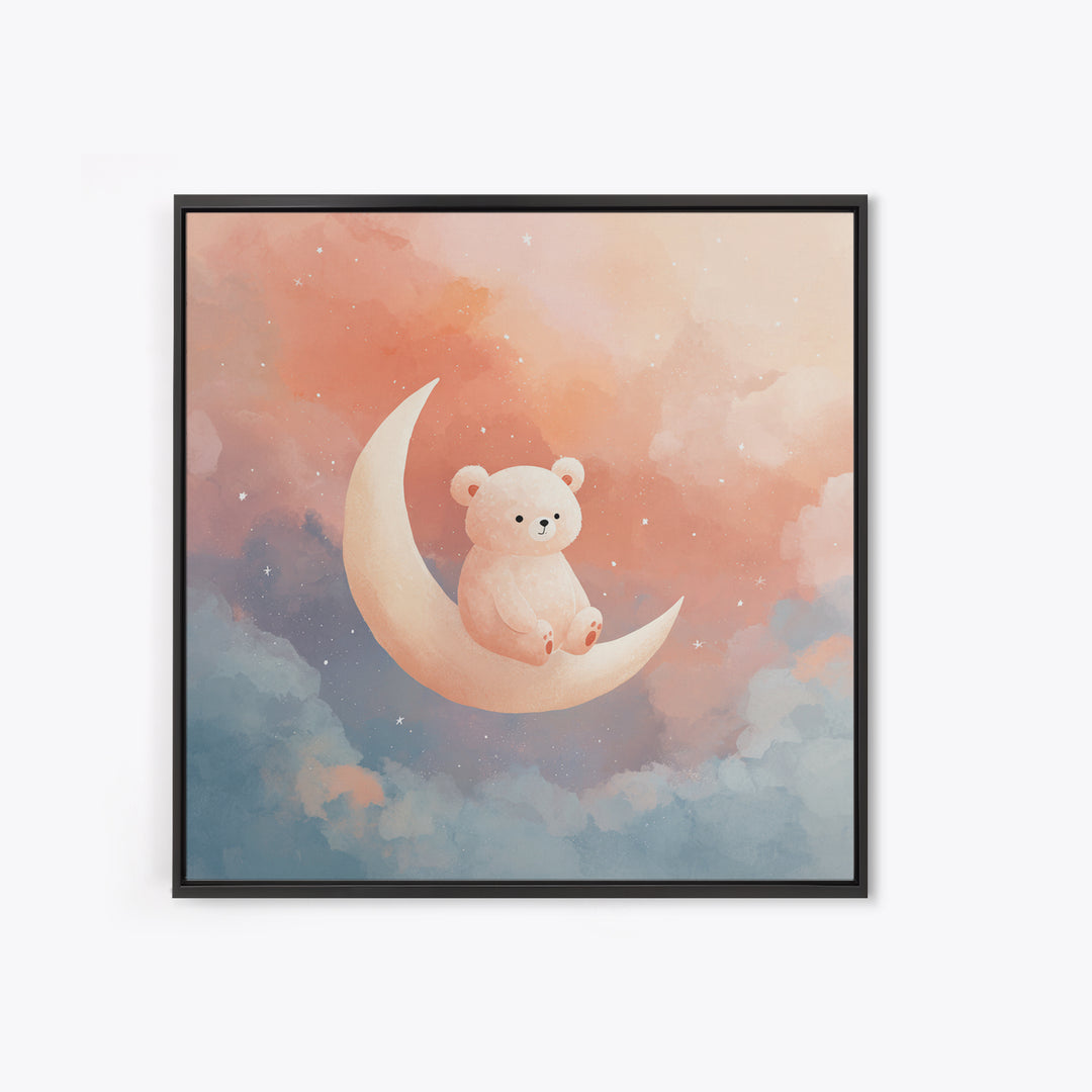 Baby Bear Floating on a Crescent Moon Framed Canvas Print, Nursery Art, Woodland Nursery, Nursery Decor, Watercolor Art, NUR-1x1-6