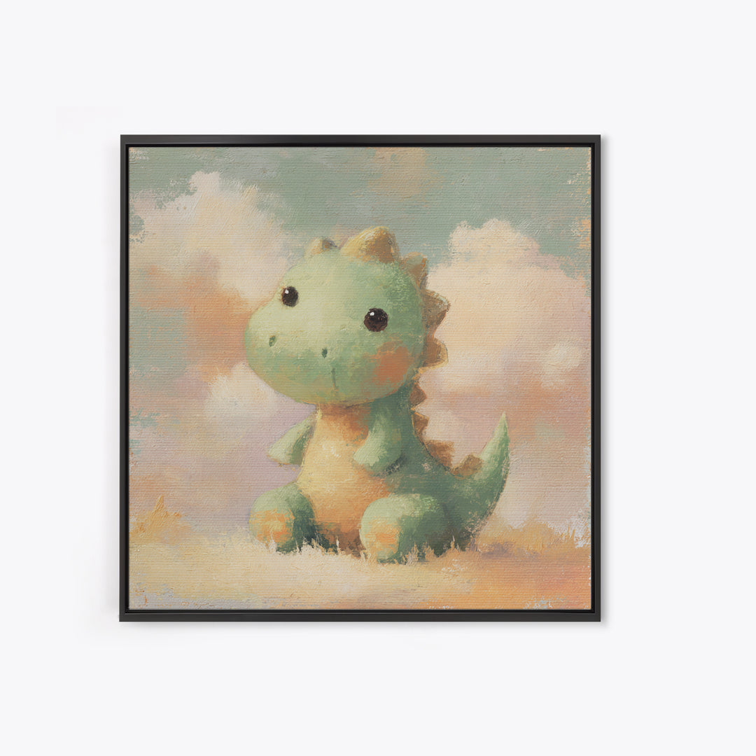 Tiny Dinosaur with Friendly Expression Framed Canvas Print, Nursery Art, Whimsical Wall Art, Nursery Decor, Fine Art, Nursery, NUR-1x1-63