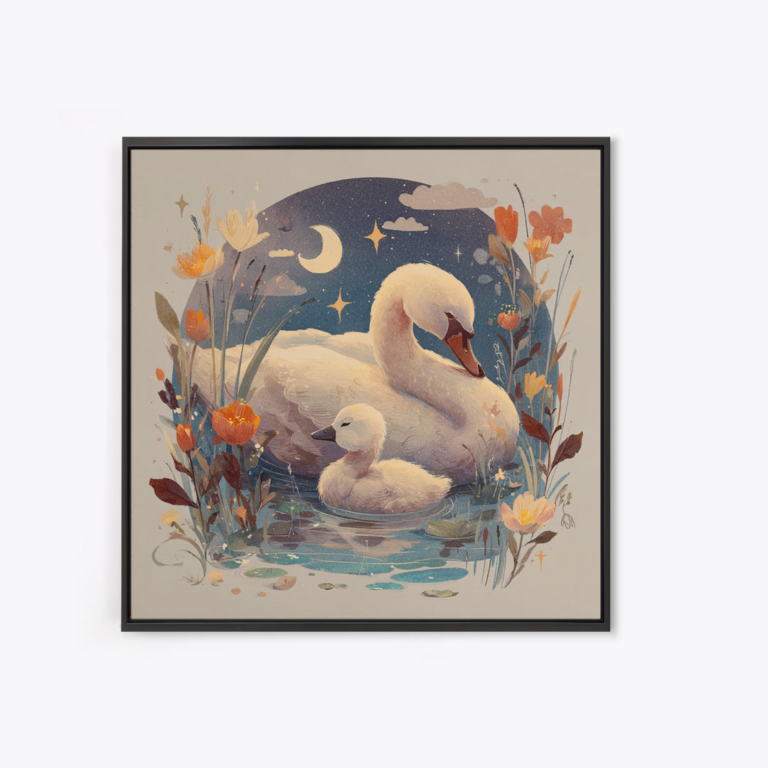 Swan and Cygnet Framed Canvas Print, Nursery Art, Digital Download Art, Nursery Decor, Fine Art, Nursery, Whimsical Wall Art, NUR-1x1-64