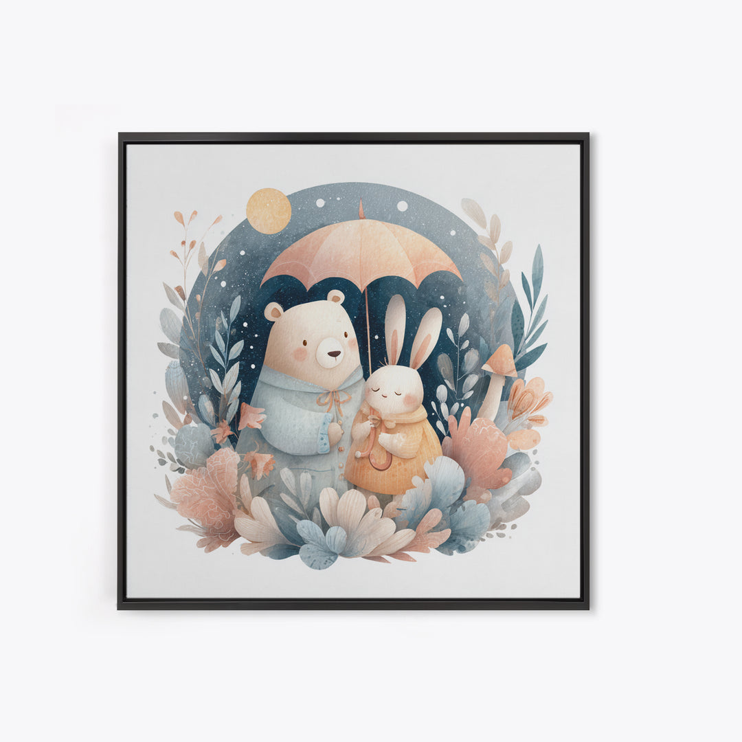 Bear and Rabbit Sharing Umbrella Framed Canvas Print, Nursery Art, Home Decor, Nursery Decor, Fine Art, Nursery, NUR-1x1-65