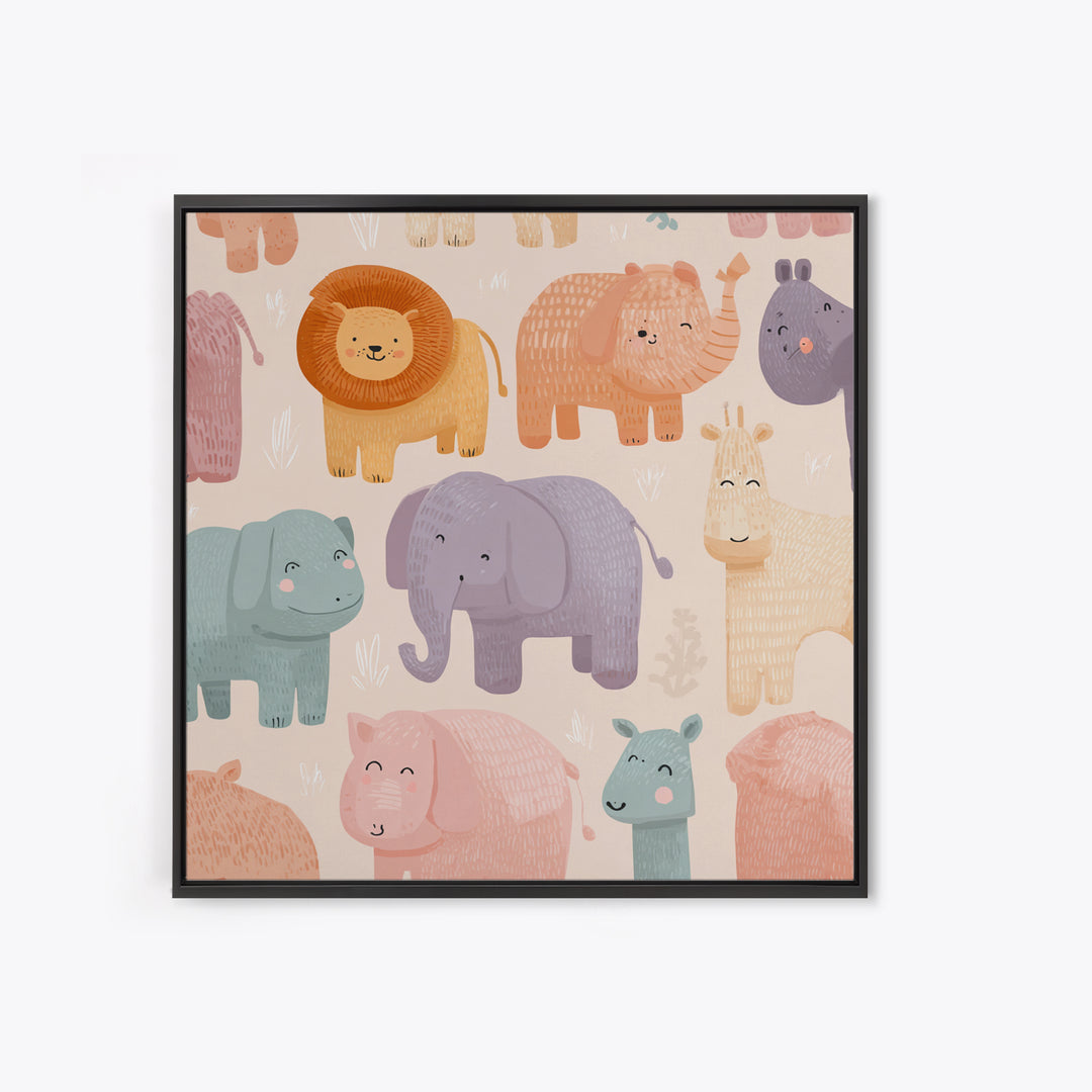 Pastel Jungle Animals Framed Canvas Print, Nursery Art, Baby Girl Nursery, Nursery Decor, Abstract Art, Nursery, Fine Art Print, NUR-1x1-66