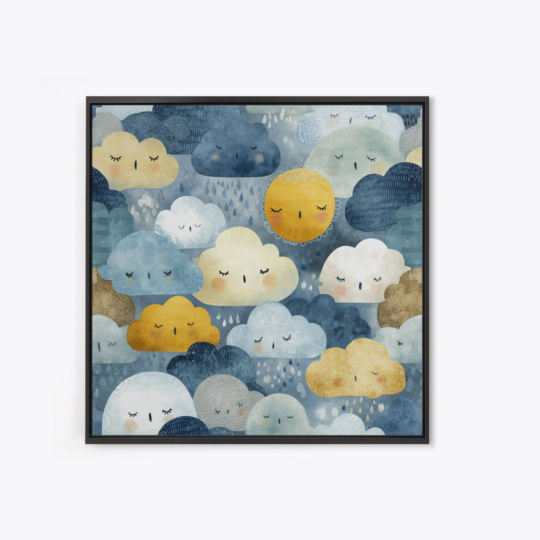 Clouds and Raindrops Framed Canvas Print, Nursery Art, Playroom Wall Art, Nursery Decor, Fine Art, Nursery, Statement Artwork, NUR-1x1-70