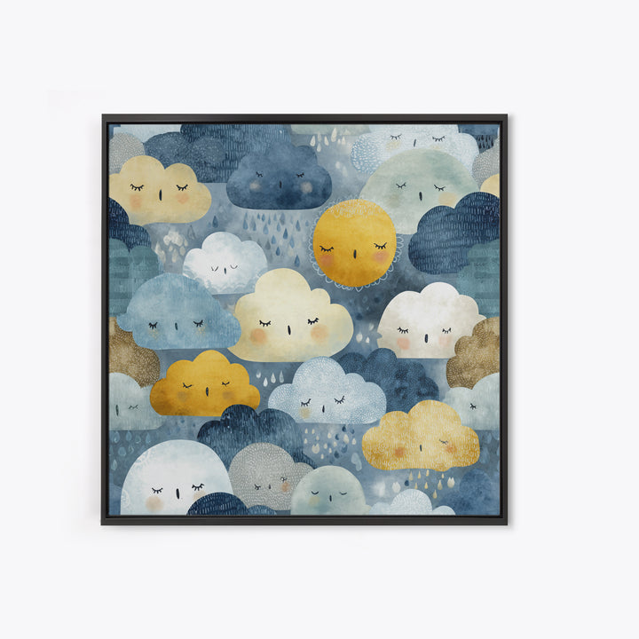 Clouds and Raindrops Framed Canvas Print, Nursery Art, Playroom Wall Art, Nursery Decor, Fine Art, Nursery, Statement Artwork, NUR-1x1-70