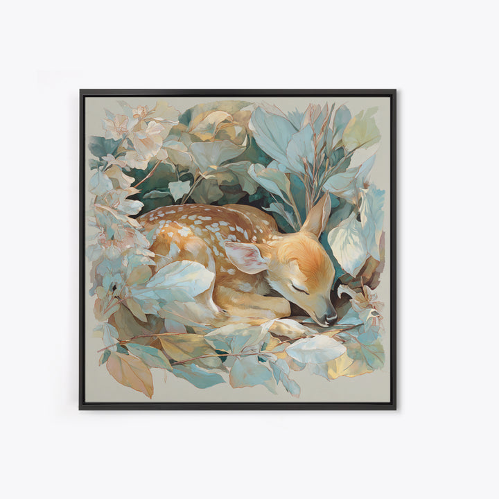Deer Fawn Sleeping Framed Canvas Print, Nursery Art, Kids Room Wall Art, Nursery Decor, Fine Art, Nursery, Luxury Decor, NUR-1x1-71
