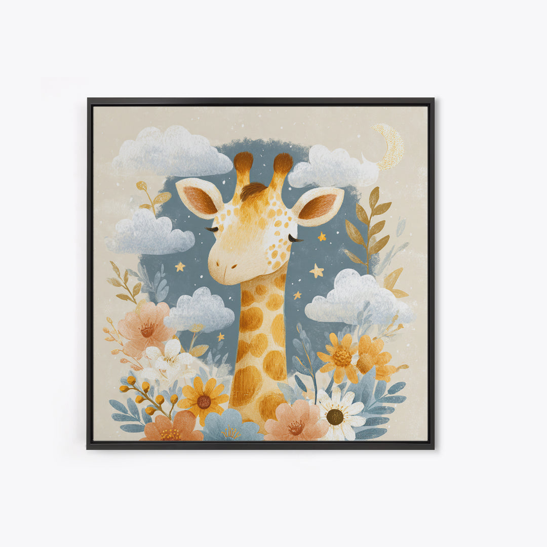 Gentle Giraffe with Pastel Flowers Framed Canvas Print, Nursery Art, Whimsical Wall Art, Nursery Decor, Watercolor Art, Nursery, NUR-1x1-74
