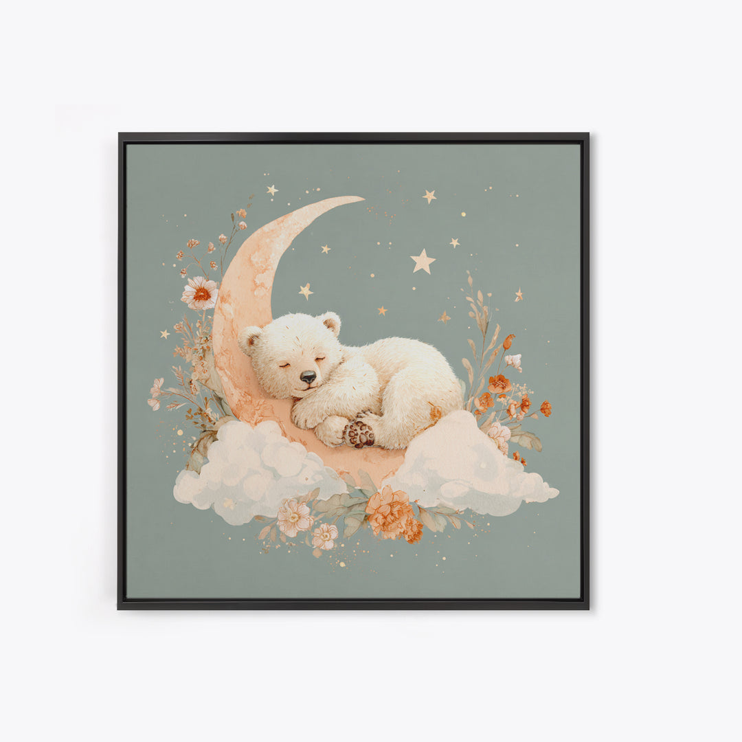 Baby Bear Floating on a Crescent Moon Framed Canvas Print, Nursery Art, Home Decor, Nursery Decor, Fine Art, Nursery, NUR-1x1-78