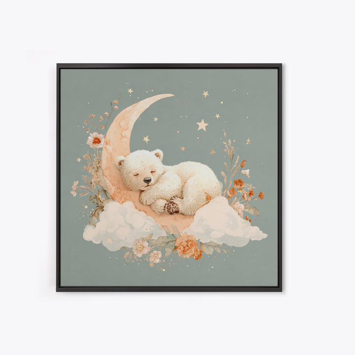 Baby Bear Floating on a Crescent Moon Framed Canvas Print, Nursery Art, Home Decor, Nursery Decor, Fine Art, Nursery, NUR-1x1-78