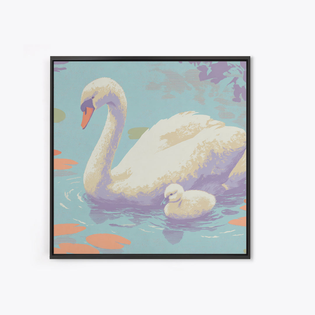 Swan and Cygnet Framed Canvas Print, Nursery Art, Textured Painting, Nursery Decor, Fine Art, Nursery, Wall Art Print, NUR-1x1-88