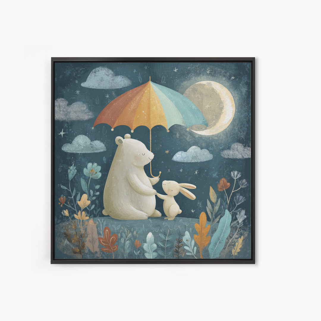 Bear and Rabbit Sharing Umbrella Canvas Print, Nursery Art, Boho Decor, Nursery Decor, Fine Art, Nursery, Wall Hangings, NUR-1x1-89