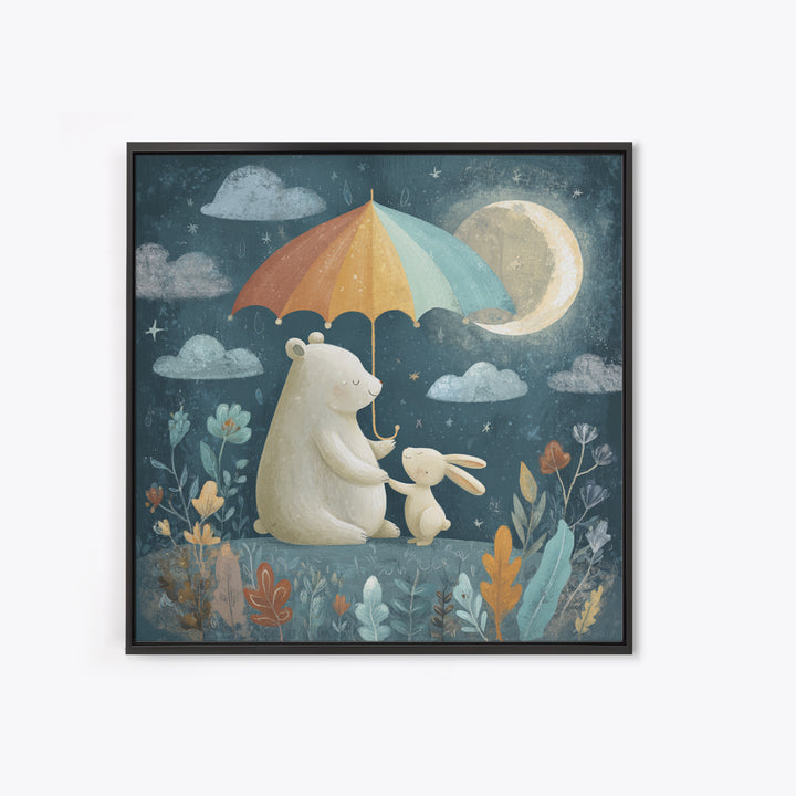 Bear and Rabbit Sharing Umbrella Canvas Print, Nursery Art, Boho Decor, Nursery Decor, Fine Art, Nursery, Wall Hangings, NUR-1x1-89